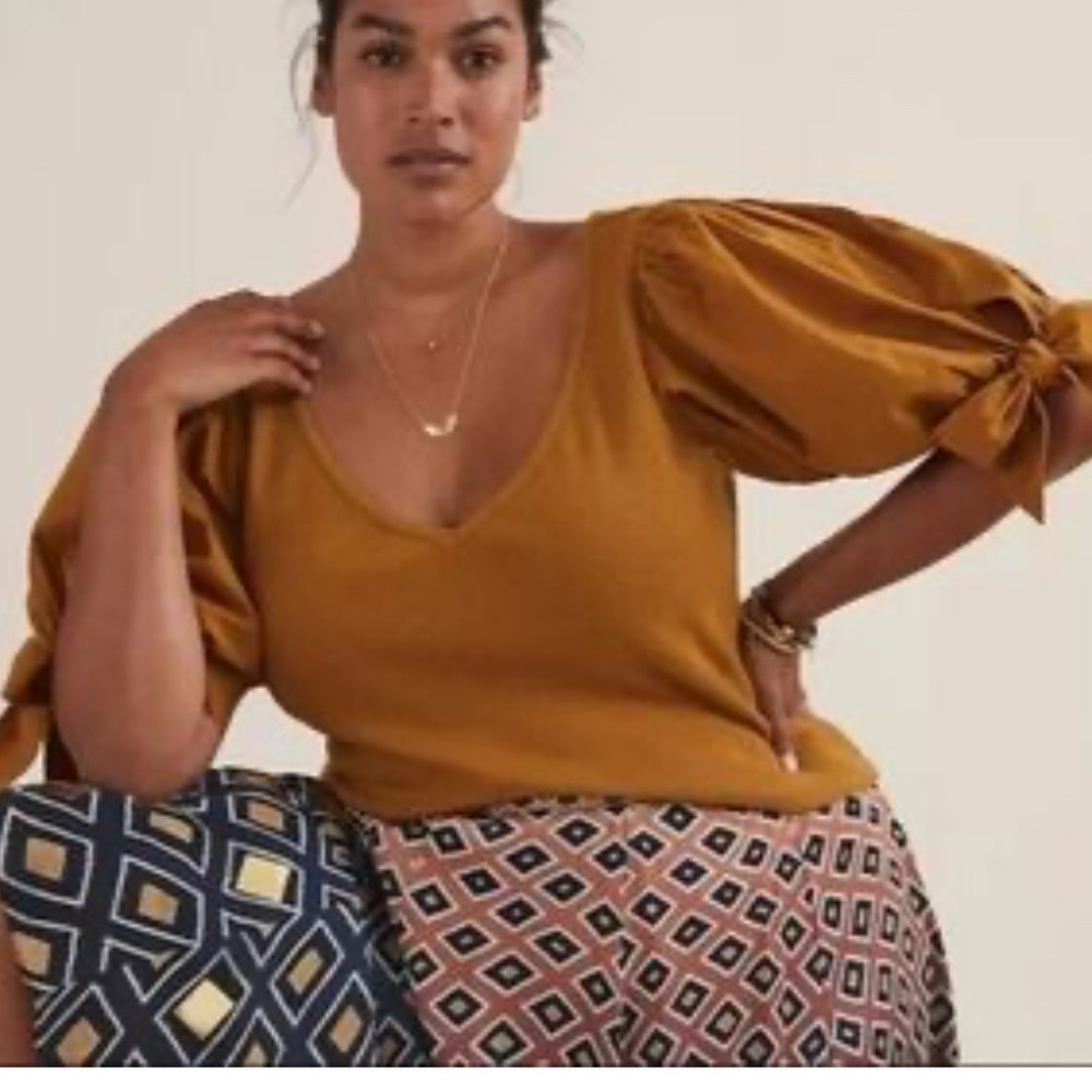Maeve Anthropologie Puff-Sleeved Blouse Top Ribbed Tie Cuff Gold 1x